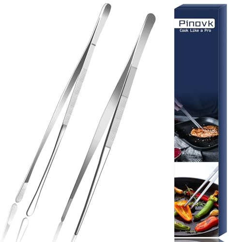 Pinovk 2 Pcs 12-Inch Kitchen Tweezers, Extra-Long Stainless Steel Cooking Tweezer Tongs for Plating, Roasting, Serving Food, Silver