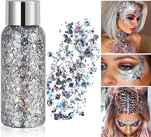Paillettes Visage Gel, Paillette Maquillage Festival Gel, Chunky Paillette Cheveux Gel, Paillettes Corps et Visage, Glitter Body Makeup Pour Musical, Party, Masquerade, Cheveux, Visages, Corps