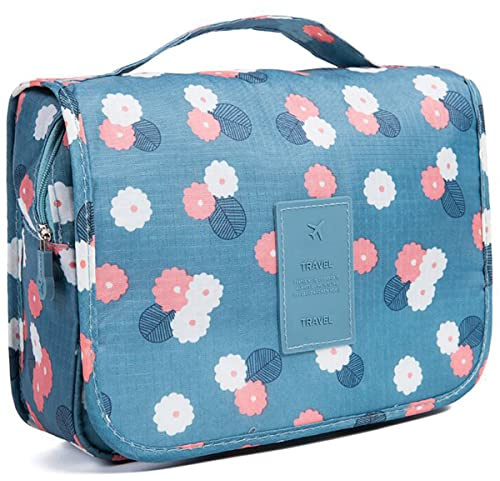 Travel Toiletry Bag, Hanging Toiletries Wash Bag Makeup Cosmetic Organizer Bags for Women Girls Kids Waterproof Foldable (Blue Flower)