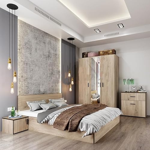 Camera da Letto Matrimoniale Completa di Armadio a 3 Ante con Specchio Letto Due Piazze Comò e 2 Comodini Set Arredo Stile Moderno e Semplice Rovere Naturale CDLI23 (solo camera)