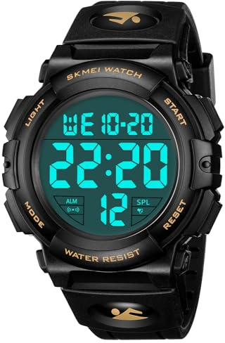 CIVO Militära sport digitala armbandsur med stora siffror vattentäta upp till 50 m svart casual armbandsklocka för män gummi, A-3 svart/guld, sporter