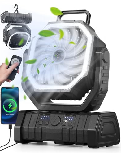 Richday 20000mAh con lanterna LED Ventilatore da campeggio Ventilatore silenzioso a 4 velocità Rotazione di 270° Ventilatore da campeggio all'aperto per uffici Tenda da camera da letto Campeggio
