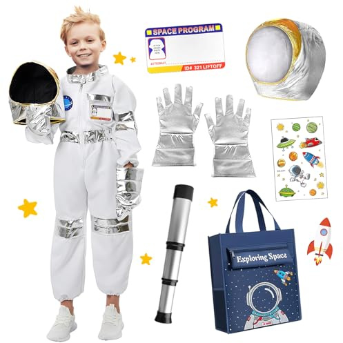 TOLOYE Disfraz Astronauta Niño, Traje Astronauta con Casco Astronauta Bolsa y Guantes, Regalo para Niño, Disfraz de Astronauta Niño para Carnevale Cosplay Halloween Navidad Cumpleaños (M)