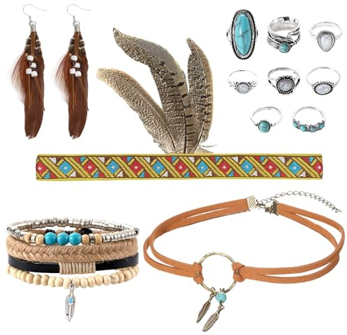 Booaee Karneval Vintage Kostüm Damen,12 Stück Karneval Accessoires Vintage schmuck mit Kopfschmuck Feder Stirnband Feder Ohrringe Lederhalskette Armband Türkis Ringe für Karnevals Cosplay Mottoparty