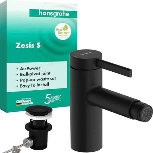 hansgrohe Zesis S 74201670 Robinet de bidet avec vidage à tirette en métal, mitigeur monocommande économe en eau (EcoSmart), hauteur d'écoulement 83 mm, noir mat