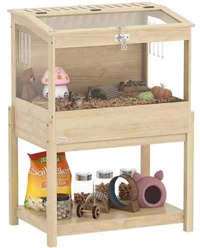 PawHut Gabbia per criceti, 2 ripiani, gabbia per piccoli animali con coperchio pieghevole, grande gabbia per criceti, criceti nani, 83,2 x 50 x 103 cm, legno naturale