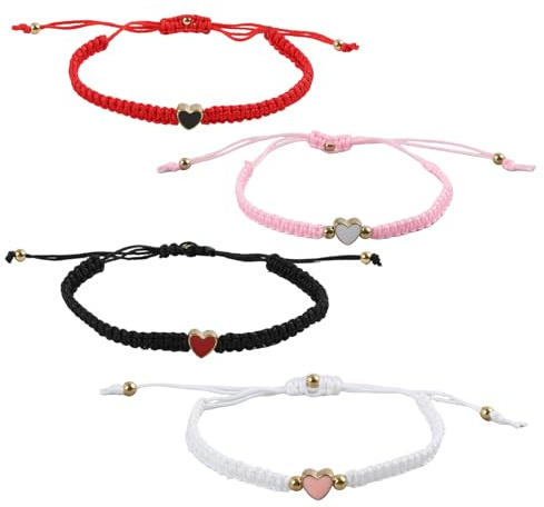JRILUO 4pcs Bracelet Womens Friendship String, Adjustable Long Distance, Stylish Handwoven Girls Bracelets, Bracelets for Friend Gifts Teen Girls Couple Gifts, Matching Heart Bracelets