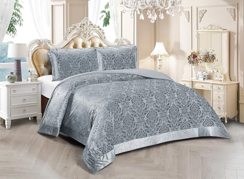 PRIME LINENS Luxury 3 Piece Velvet Quilted Bedspread Damask Bed Throw Comforter Bedding Set with 2 Pillow Shams EMILIA Super Soft (Silver-Grey, Super King)