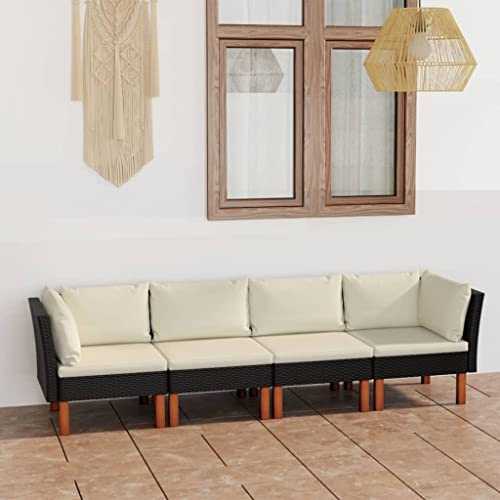 JHQHSM 4-Sitzer Gartensofa mit Kissen Schwarz Poly Rattan, Wetterbeständiges Lounge-Sofa mit Stahlrahmen und Eukalyptusbeinen für Garten, Terrasse oder Balkon, Inklusive Abnehmbarer
