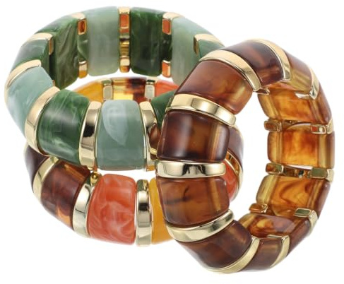 HEALEEP - Lote de 3 pulseras elásticas de acrílico grueso para mujer, pulseras bohemias anchas con malla geométrica irregular, color amarillo, naranja, marrón, verde y ámbar,