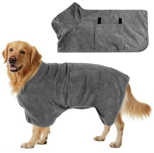 HIVTE Peignoir & Serviette de Séchage pour Chien - Microfibre à Séchage Rapide & Absorbant avec Col et Taille Réglables (Gris-M)