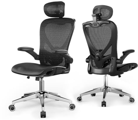 naspaluro Ergonomic Office Chair Adjustable Lumbar Support Heavy Duty 150kg | Black Breathable Mesh High Back Gaming Chair, 3D Adjustable Headrest, Flip-up Armrests, Swivel Computer Desk Chair for Home
