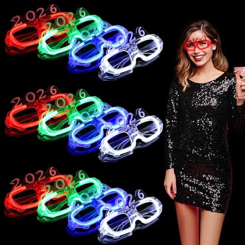 Sacolin 12 occhiali luminosi 2026, occhiali LED a 4 colori, forniture per feste al neon che si illuminano al buio, occhiali lampeggianti per feste per martedì grasso, Capodanno, Natale, matrimonio