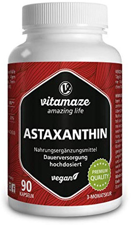 Vitamaze® Astaxantina Capsule + Vitamina B1 ad Alto Dosaggio e Vegan, 90 Capsule per 3 Mesi de 4 mg di Pura Astaxantina Naturale in Polvere dalle Alghe, Integratore Alimentare senza Additivi.