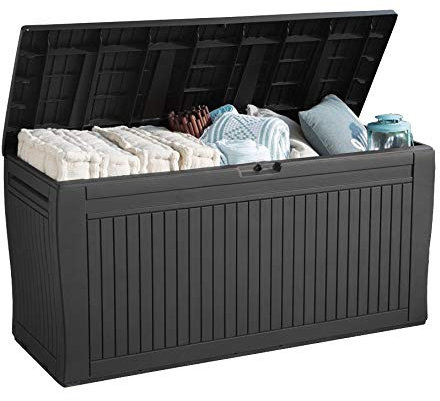 Koll Living Gartenbox mit 270 Liter Fassungsvermögen - wetterfester Stauraum, der Inhalt bleibt trocken und Wird belüftet - Moderne Holzoptik - mit Griffen und Rollen (Anthrazit)