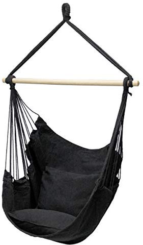 ECD Germany Hängesessel mit 2 Kissen - aus Baumwolle - Hartholz Querstab - Belastbar bis 120kg - Anthrazit - Indoor/Outdoor - Hängestuhl Hängesitz Hängeschaukel Hängematte Hängekorb Schaukelstuhl Sitz