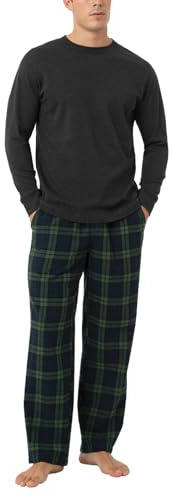LAPASA Set Pigiama da Uomo a Quadri con Tasche e Coulisse, Completo Maglia Cotone & Pantaloni Flanella M79,S,Grigio Scuro e Quadri Verde Scuro e Navy