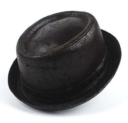 AGHH Klassisch Porkpie Vintage Leder Schweinefleisch Pie Fedora Hut für Männer - Boater Flat Top für Gentleman, Bowler, Gambler - Groß (Schwarz, 58-59cm)