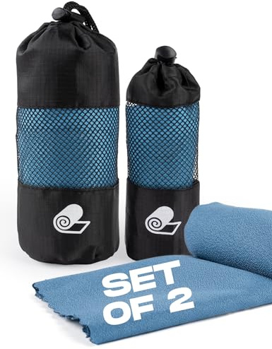 MOMO WAY Mikrofaser Handtuch 2er Set Ultra Leicht Kompakte Schnelltrocknende Sporthandtücher Ideal Als Strandtuch Reisehandtuch Oder Badehandtücher Blau 30x80cm Und 80x120cm