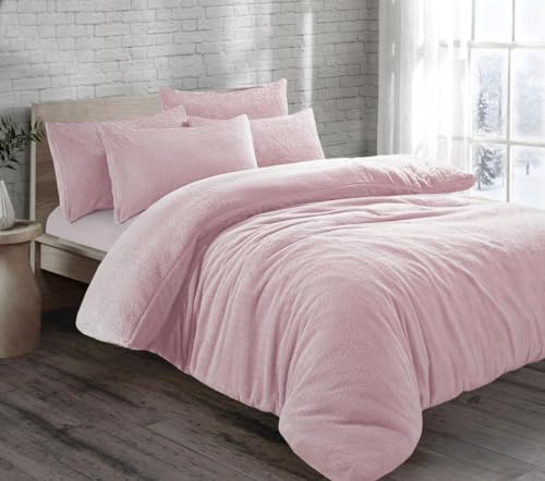 Velvet Stitch - Set di biancheria da letto in pile orsetto, termico, morbidissimo, caldo e accogliente, con copripiumino e federe, super king size, rosa