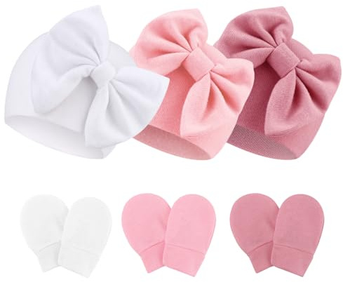 AQOKKA Newborn Baby Hats and Mittens Set Infant Bow Beanie Cap Toddler Gloves Newborn Hospital Hats for Baby Boy Girl Kid 0-6 Months