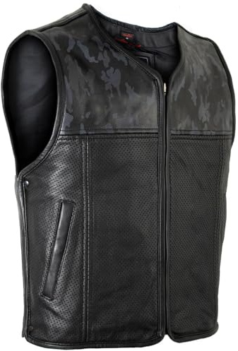 MDM Chaleco de cuero para hombre con piel perforada y estampado de camuflaje/negro, Negro , XXL