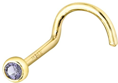 Jewelry Avalanche Solid 14K Yellow Gold Nose Screw Stud Bezel Set 1.5mm Tanzanite 22G Cork-screw Nose Stud - December Birthstone Nose Ring Stud NSBZ-TZN15YG
