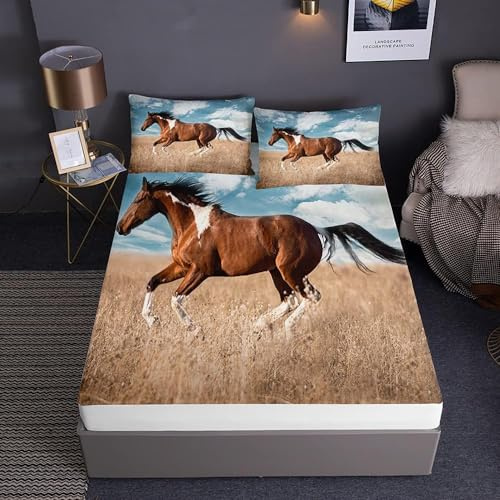 Lenzuola Una Piazza e Mezza 150x200x30 cm Cavallo Marrone, 3D Corsa di Cavalli Lenzuolo con Angoli, Lenzuola Letto Coprimaterasso Microfibra Morbido e 2 Federe 50x80 cm ZL1396