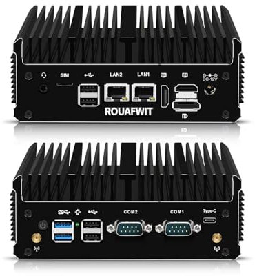 ROUAFWIT Mini PC Industrial Fanless 12th Gen J6413/J6412, Micro Ordenador Sobremesa Oficina Computer, Dual i226V 2.5GbE LAN, 2 COM, WiFi/BT, 3 Mostrar, Barebone, NO RAM NO Storage