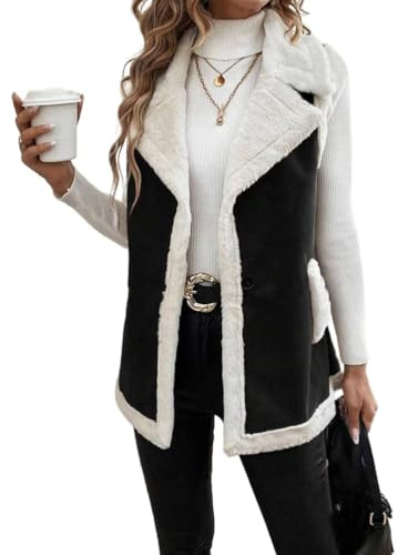 Mywinway Black Vest Women 2026 Fall Winter Sleeveless Sherpa Faux Fur Suede Leather Jackets Coat,Black,L
