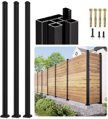 3 Pack 6FT 3-Way Aluminum Fence Post, 1.8mm Thick Walls & 10mm Base, Matte Black Wood Fence Post, Rustproof & Weather-Resistant for Outdoor Privacy Panels