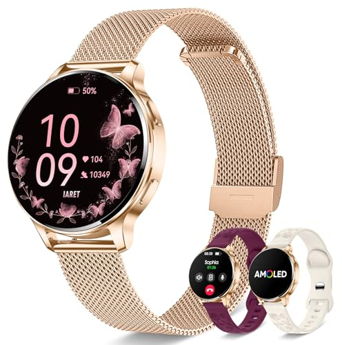 Iaret Montre Connectée Femme avec 3 Bracelets, 1,27 Écran AMOLED Always-on, Appel Bluetooth, 120+ Modes Sport, SpO2/Cardio/Sommeil, Smartwatch Ronde pour Android iOS, Cadeau (Or Rose)