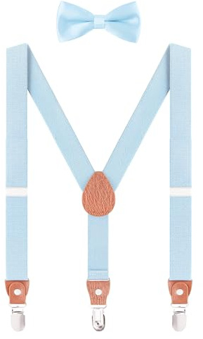 WANYING Juego de pajarita unisex para niños pequeños, forma de Y, 3 clips, ancho de 2,5 cm, tirantes elásticos y pajarita para 3-8 años de edad, azul claro, Color liso azul claro - con pajarita, für