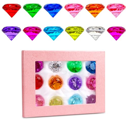Akryldiamant, 12 stycken ädelstenar för barn med presentförpackning, akryldiamanter dekoration färgglada, diamantkristaller transparenta ädelstenar för hantverk festdekorationer, vas, fyllmedel, fest