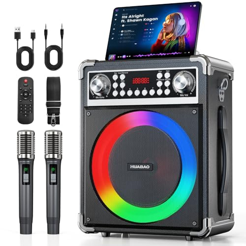 HUABAO Máquina de karaoke con 2 micrófonos inalámbricos, altavoz Bluetooth portátil para adultos y niños, sistema PA con control remoto y luces, control de graves/agudos, compatible con USB/AUX/TF/FM