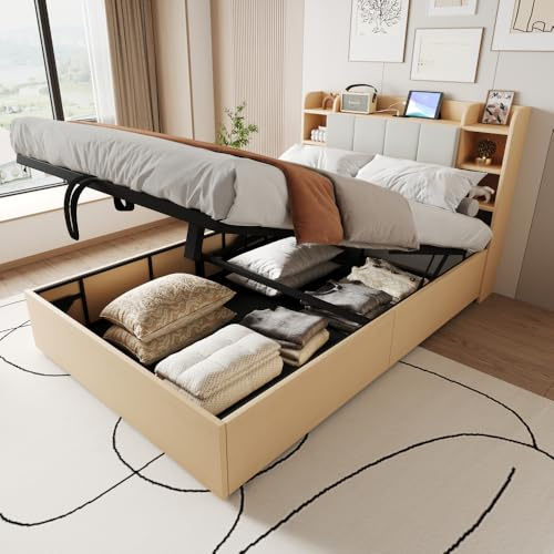 Wyibwy letto matrimoniale 140 x 200 cm dotato di porta USB e presa Tape-C, letto contenitore matrimoniale con idraulico, testiera con vano contenitore, Letto in legno, Legno naturale (senza materasso)