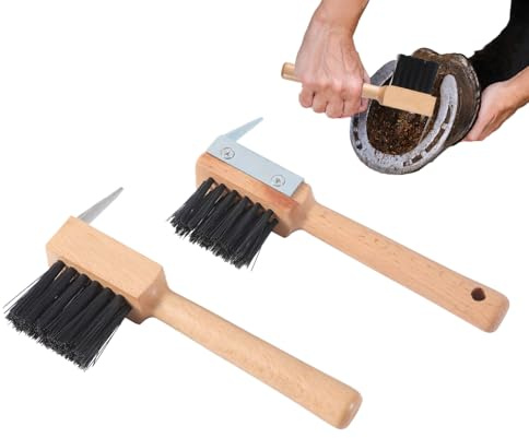 Hitburu Brosse et -Pied pour Sabots de Cheval - Manche en Bois avec Brosse Intégrée,2 Pièces Accessoires Portables de Nettoyage et Pansage pour Harnachement Équestre, Sellles et Chaussures