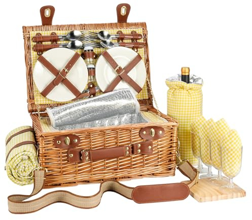 Set de Panier Pique-Nique en Osier pour 4 Personnes avec Compartiment Isotherme et Couverture Imperméable, Sangle Amovible, Sac à Vin, Couverts, pour Camping, Plage, Randonnée,Couple,Cadeau (Jaune)