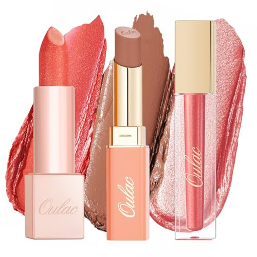 Oulac Orange Liptick Set | Coral Satin Matte Lipstick, Shimmer Lip Balm, Metallic Lip Gloss & Eyeshadow | Moisturising, Long Lasting & Weightless | Vegan, High-Pigment (SG05+PG04+MD05)