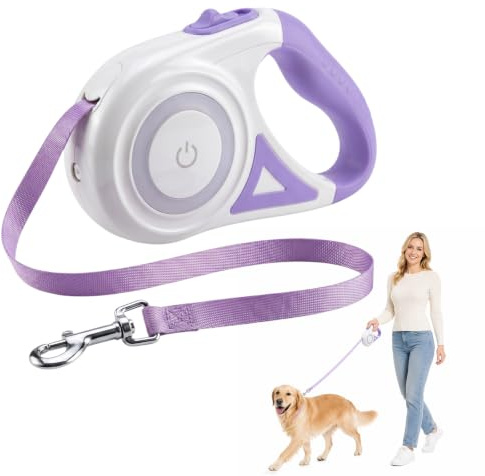 5 Metros Correa Retráctil para Perros, Cinta Flexible de Nailon, Correa Retráctil Automática con Luz LED, Correa Perro Extensible con Mango Antideslizante, para Perros de hasta 50 kg (Morada)