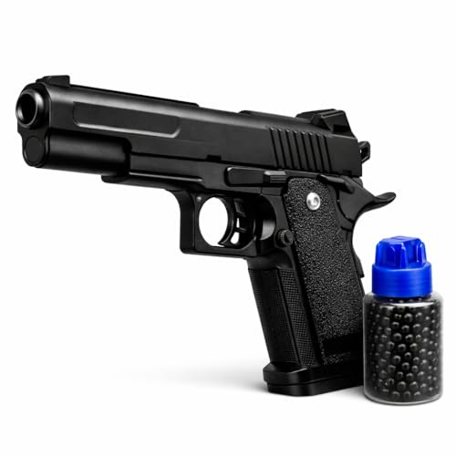 Pistolet Métal – Airsoft à Billes Noir – Taille 23cm &17cm – avec 400 Billes et Distributeur Inclus – Réplique Airsoft Puissance : 0.3 à 0.5 Joules – Tir de Précision – Adulte Unisexe +18 Ans