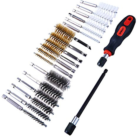Amtech - Set of Small Wire Brushes for Cleaning, Made from Tough Steel, Glass, and Nylon, Versatile Choice of Sizes with 1/4” Hex Drive Shank, Comfortable Handle, Extended Reach (20pc)