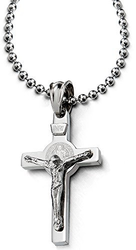 COOLSTEELANDBEYOND Petit Pendentif Croix Christ Jésus Crucifix Collier pour Homme et Femmes - Acier Inoxydable - avec 60CM Chaîne de Boule