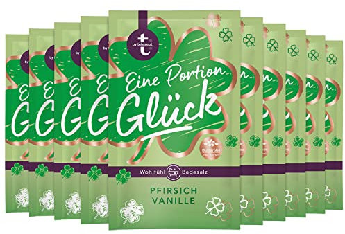 t: by tetesept Badesalz Eine Portion Glück | Hauchfeine Puderkristalle mit Pfirsich und Vanille - Bade-Geschenk für die Sinne | 10 x 60 g