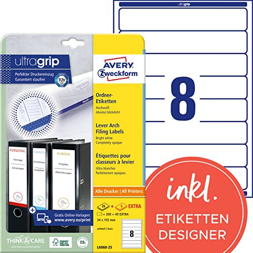 AVERY Zweckform L6060-25 Ordnerrücken Etiketten (240 Rückenschilder mit ultragrip, 34x192mm auf A4, schmal/kurz, selbstklebend, absolut blickdicht, bedruckbare Ordneretiketten) 30 Blatt, weiß
