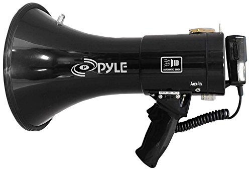 MEGAFONO PYLE PMP53IN NERO DA 50 WATT MAX CON FUNZIONE DI SIRENA UDIBILE FINO A 1000 METRI CON INGRESSO AUX JACK 3,5 MM E MICROFONO SEPARATO A FILO E CON CINGHIA DI TRASPORTO. FUNZIONA A BATTERIE O CON TRASFORMATORE A 12 VOLT