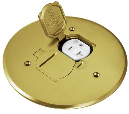 ENERLITES Dual Flip Lid Floor Outlet Cover, 5.625 Dia, 1-Gang, 20A, Brass