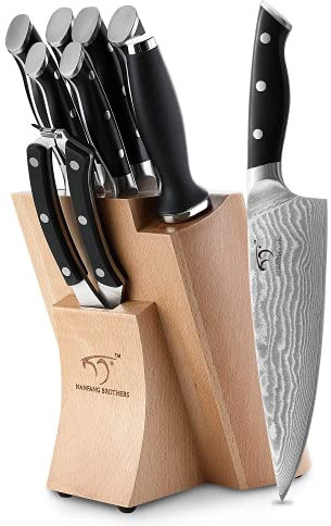 Damastmesser küchenmesser Set mit Buchenholzmesserblock, Messerblock mit Messer Scharfem Profi Kochmesser Küchenmesserset VG10, 67 Schichten Überlegene Damaststahlklingen (9er Damastmesser Set)