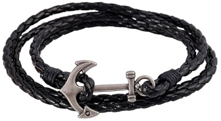 FGT Braccialetto avvolgente in pelle intrecciata con ancora, per uomini, donne, coppie, amicizia, compleanno, festa della mamma, San Valentino, famiglia, nero, marrone, blu, multistrato, 15.7 inch