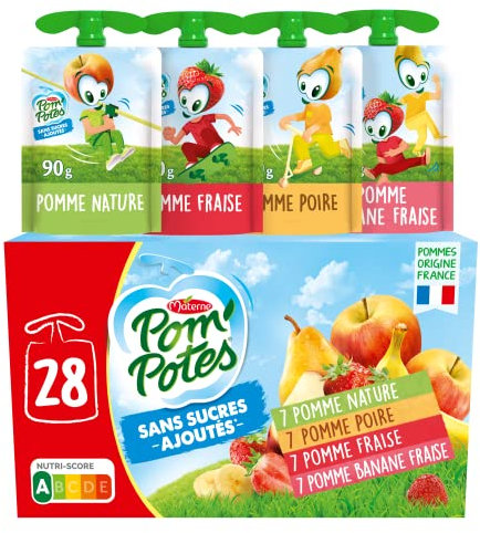 POM'POTES® - Compote Gourde Sans Sucres Ajoutés* - Pomme Nature - Pomme Poire - Pomme Banane - Pomme Banane Fraise - Pommes Françaises - Source De Fibres - Nutri-Score A - 3 Ans Et Plus - 28 x 90g